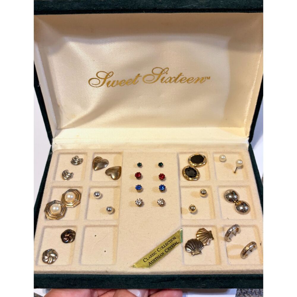 Vintage 80s 90s Authentic Austrian Crystal 15-Pair Stud Earrings Gift Set
